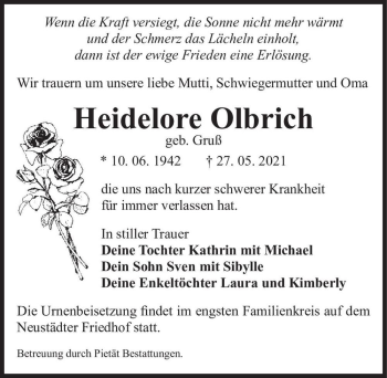 Traueranzeige von Heidelore Olbrich (geb. Gruß)  von Magdeburger Volksstimme