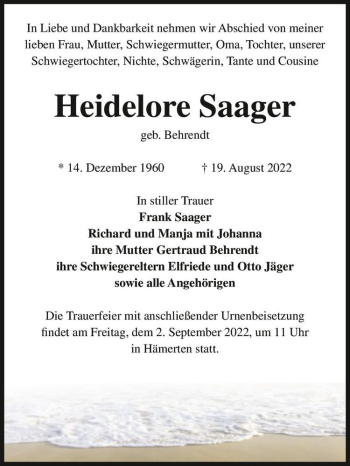 Traueranzeige von Heidelore Saager (geb. Behrendt)  von Magdeburger Volksstimme