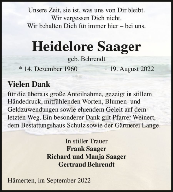 Traueranzeige von Heidelore Saager (geb. Behrendt)  von Magdeburger Volksstimme