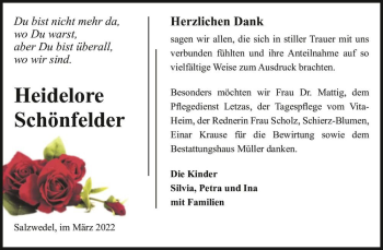 Traueranzeige von Heidelore Schönfelder  von Magdeburger Volksstimme