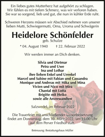 Traueranzeige von Heidelore Schönfelder (geb. Schulze)  von Magdeburger Volksstimme