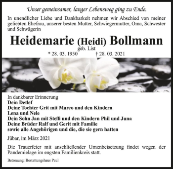 Traueranzeige von Heidemarie 
