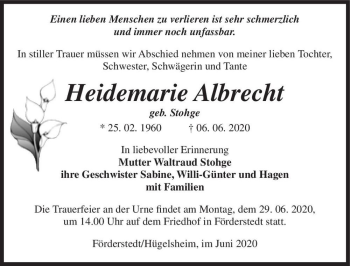 Traueranzeige von Heidemarie Albrecht (geb. Stohge)  von Magdeburger Volksstimme