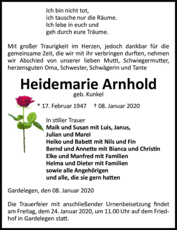 Traueranzeige von Heidemarie Arnhold (geb. Kunkel)  von Magdeburger Volksstimme