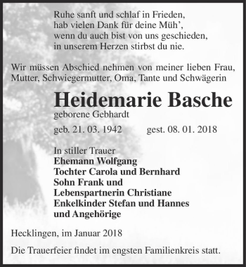 Traueranzeige von Heidemarie Basche (geb. Gebhardt)  von Magdeburger Volksstimme