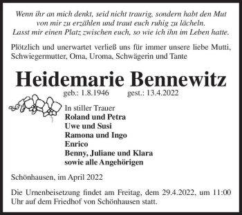 Traueranzeige von Heidemarie Bennewitz  von Magdeburger Volksstimme