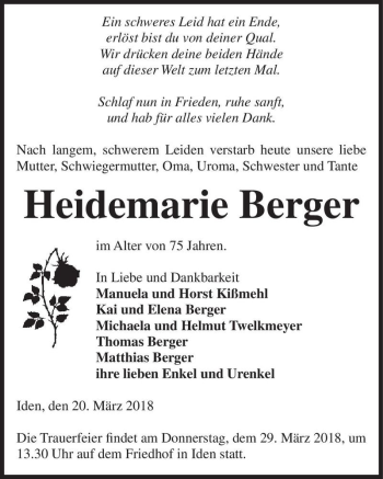 Traueranzeige von Heidemarie Berger  von Magdeburger Volksstimme
