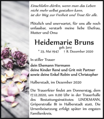 Traueranzeige von Heidemarie Bruns (geb. Janz)  von Magdeburger Volksstimme