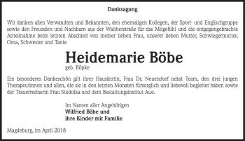 Traueranzeige von Heidemarie Böbe (geb. Röpke)  von Magdeburger Volksstimme