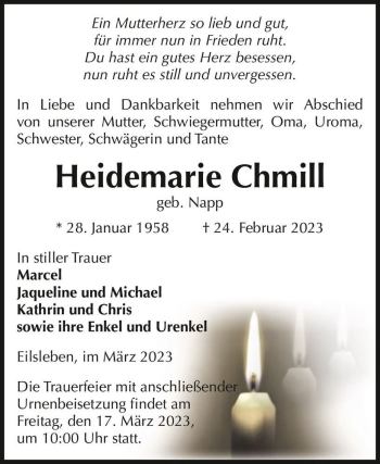 Traueranzeige von Heidemarie Chmill (geb. Napp)  von Magdeburger Volksstimme