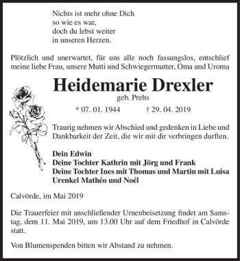 Traueranzeige von Heidemarie Drexler (geb. Prehs)  von Magdeburger Volksstimme