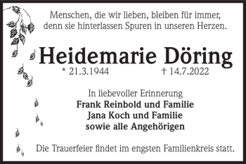 Traueranzeige von Heidemarie Döring  von Magdeburger Volksstimme