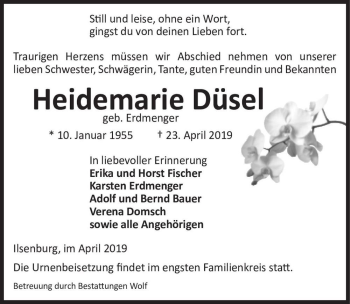 Traueranzeige von Heidemarie Düsel (geb. Erdmenger)  von Magdeburger Volksstimme