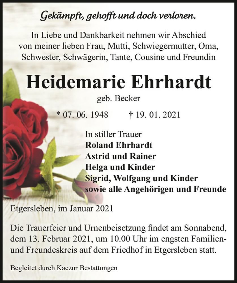  Traueranzeige für Heidemarie Ehrhardt (geb. Becker)  vom 25.01.2021 aus Magdeburger Volksstimme