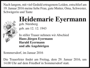 Traueranzeige von Heidemarie Eyermann (geb. Nürnber)  von Magdeburger Volksstimme