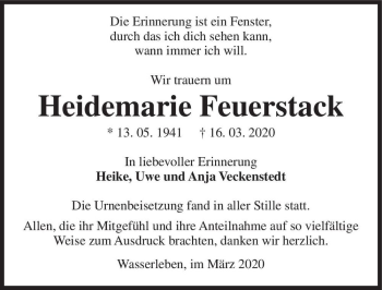 Traueranzeige von Heidemarie Feuerstack  von Magdeburger Volksstimme