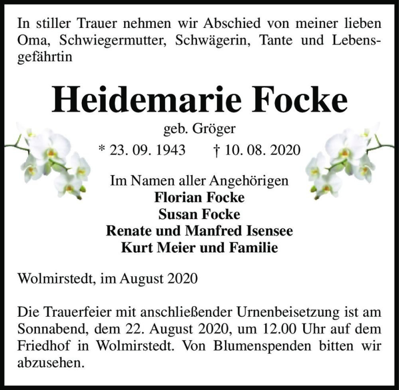  Traueranzeige für Heidemarie Focke (geb. Gröger)  vom 15.08.2020 aus Magdeburger Volksstimme