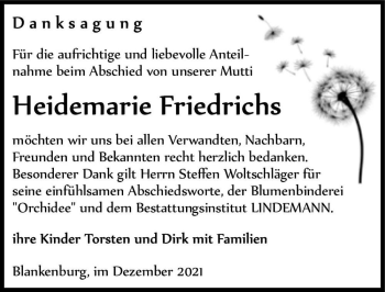 Traueranzeige von Heidemarie Friedrichs  von Magdeburger Volksstimme