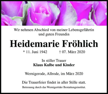 Traueranzeige von Heidemarie Fröhlich  von Magdeburger Volksstimme