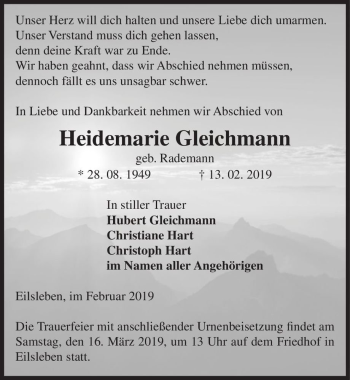 Traueranzeige von Heidemarie Gleichmann (geb. Rademann)  von Magdeburger Volksstimme