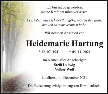 Traueranzeige von Heidemarie Hartung  von Magdeburger Volksstimme