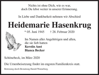 Traueranzeige von Heidemarie Hasenkrug  von Magdeburger Volksstimme