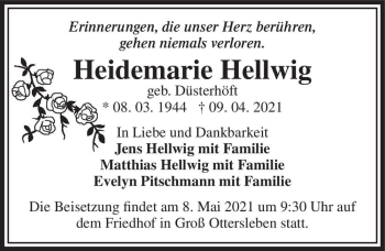 Traueranzeige von Heidemarie Hellwig (geb. Düsterhöft)  von Magdeburger Volksstimme