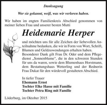 Traueranzeige von Heidemarie Herper  von Magdeburger Volksstimme