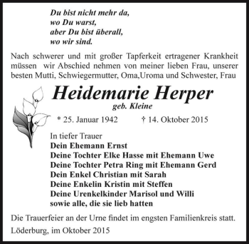 Traueranzeige von Heidemarie Herper (geb. Kleine)  von Magdeburger Volksstimme