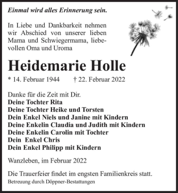 Traueranzeige von Heidemarie Holle  von Magdeburger Volksstimme