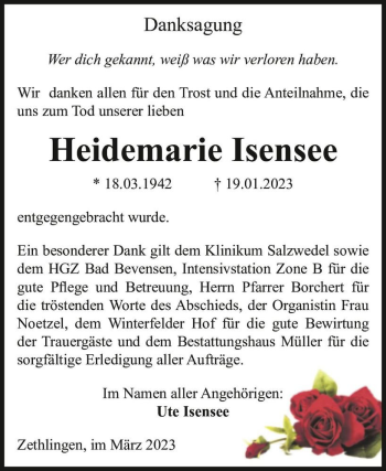 Traueranzeige von Heidemarie Isensee  von Magdeburger Volksstimme