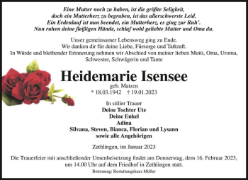Traueranzeige von Heidemarie Isensee (geb. Matzen)  von Magdeburger Volksstimme