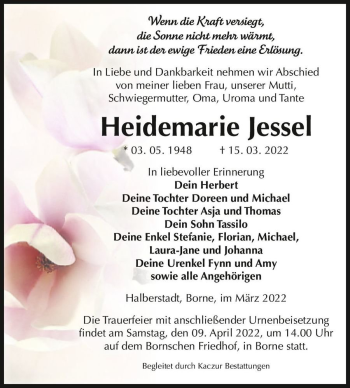 Traueranzeige von Heidemarie Jessel  von Magdeburger Volksstimme