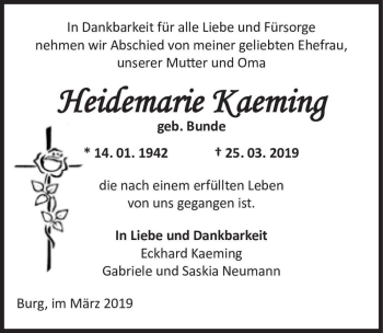 Traueranzeige von Heidemarie Kaeming (geb. Bunde)  von Magdeburger Volksstimme
