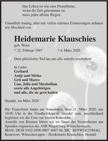 Traueranzeige von Heidemarie Klauschies (geb. Weist)  von Magdeburger Volksstimme