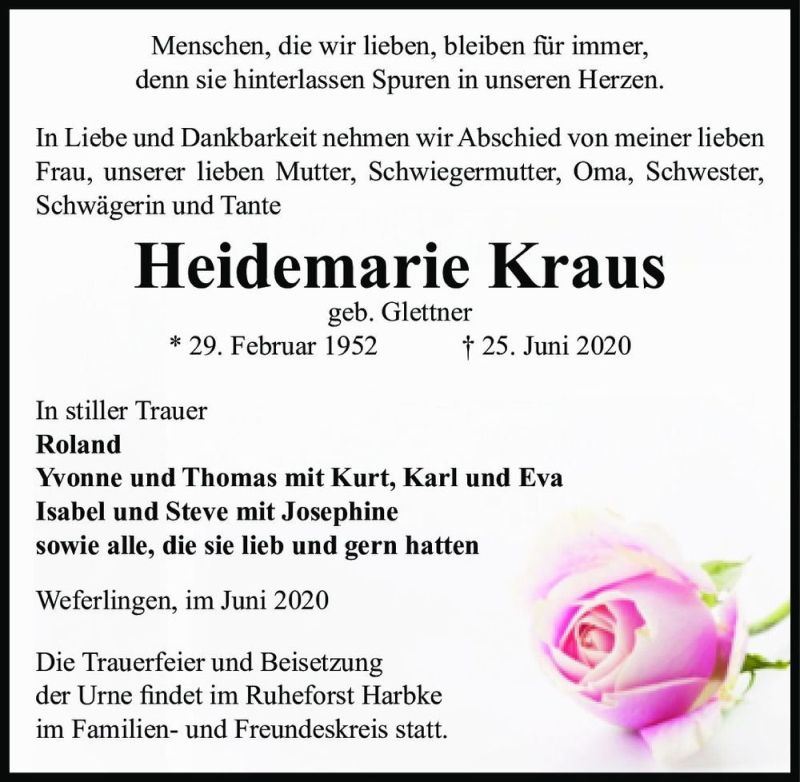  Traueranzeige für Heidemarie Kraus (geb. Glettner)  vom 30.06.2020 aus Magdeburger Volksstimme