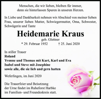 Traueranzeige von Heidemarie Kraus (geb. Glettner)  von Magdeburger Volksstimme