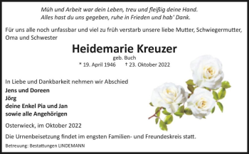 Traueranzeige von Heidemarie Kreuzer (geb. Buch)  von Magdeburger Volksstimme