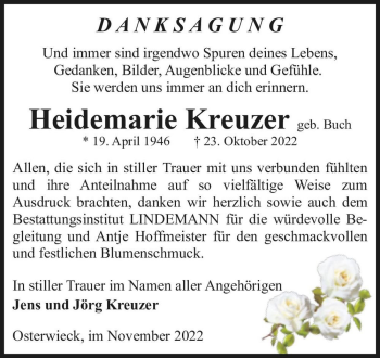 Traueranzeige von Heidemarie Kreuzer (geb. Buch)  von Magdeburger Volksstimme