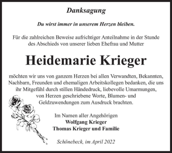 Traueranzeige von Heidemarie Krieger  von Magdeburger Volksstimme