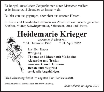 Traueranzeige von Heidemarie Krieger (geb. Breitenstein)  von Magdeburger Volksstimme