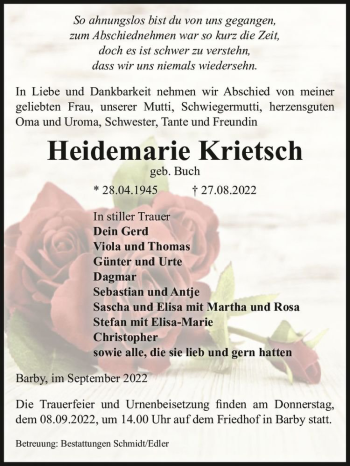 Traueranzeige von Heidemarie Krietsch (geb. Buch)  von Magdeburger Volksstimme