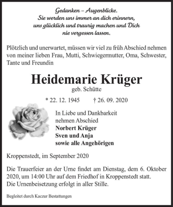 Traueranzeige von Heidemarie Krüger (geb. Schütte)  von Magdeburger Volksstimme