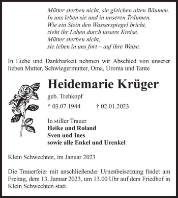 Traueranzeige von Heidemarie Krüger (geb. Trehkopf)  von Magdeburger Volksstimme