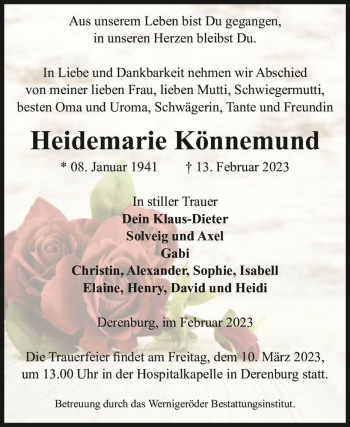 Traueranzeige von Heidemarie Könnemund  von Magdeburger Volksstimme