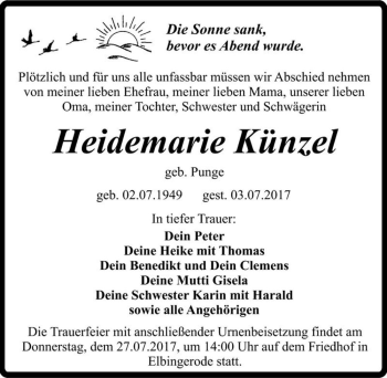 Traueranzeige von Heidemarie Künzel (geb. Punge)  von Magdeburger Volksstimme