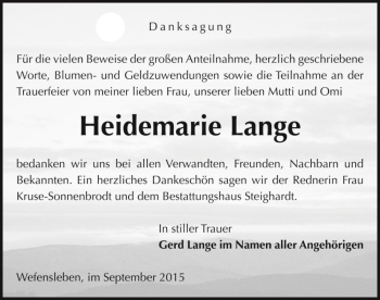 Traueranzeige von Heidemarie Lange  von Magdeburger Volksstimme