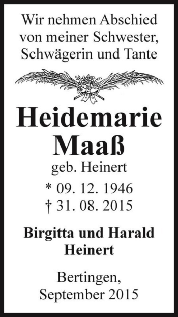 Traueranzeige von Heidemarie Maaß (geb. Heinert)  von Magdeburger Volksstimme