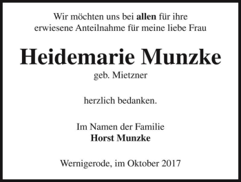 Traueranzeige von Heidemarie Munzke (geb. Mietzner)  von Magdeburger Volksstimme