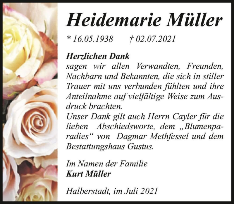  Traueranzeige für Heidemarie Müller  vom 14.08.2021 aus Magdeburger Volksstimme
